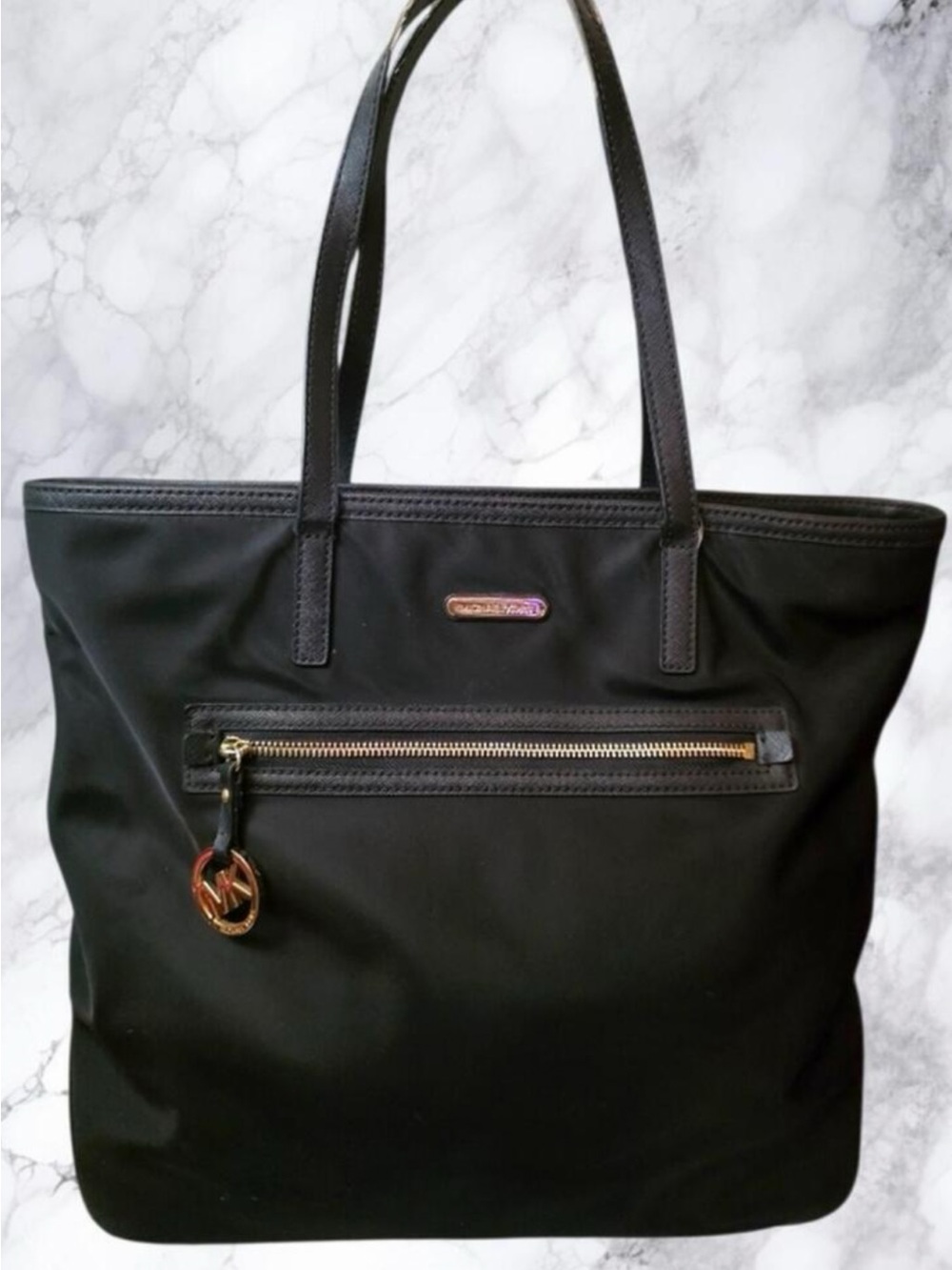 Michael Kors Black Tote with Front Zip Pocket and MK Charm